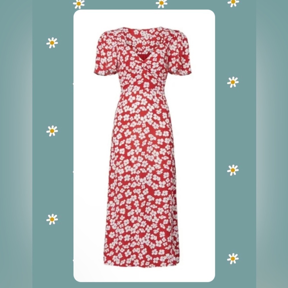 MINKPINK Red Floral Midi Dress button up maxi short sleeve v-neck XS ❤️